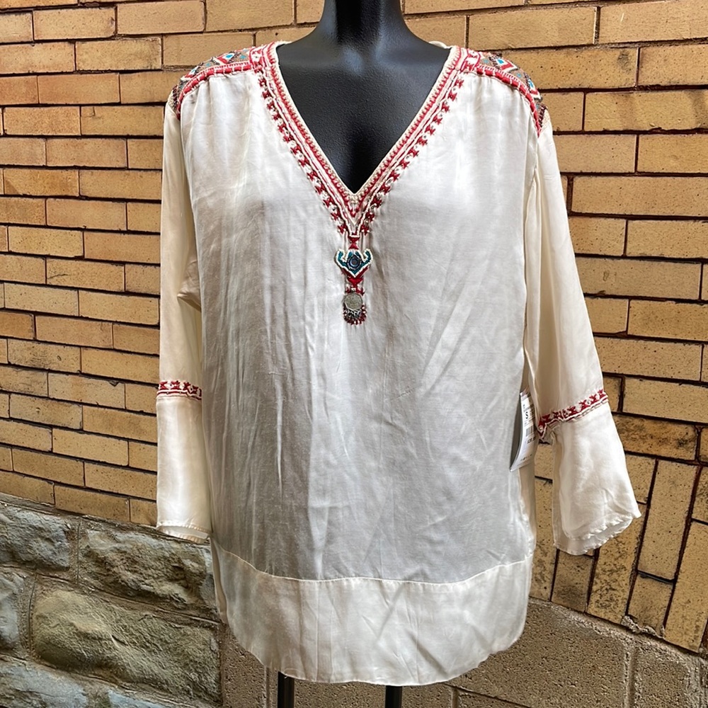 Zara Embroidered Beaded Bell Sleeve Blouse Size Small